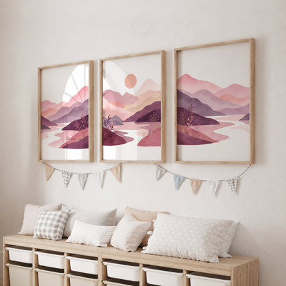 Pink & Purple Mountain Landscape Prints – Set of 3 Boho Scenic Wall Art