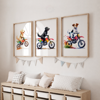 Watercolour Dogs on Motorbikes Wall Art Set – Fun Kids’ Nursery Prints