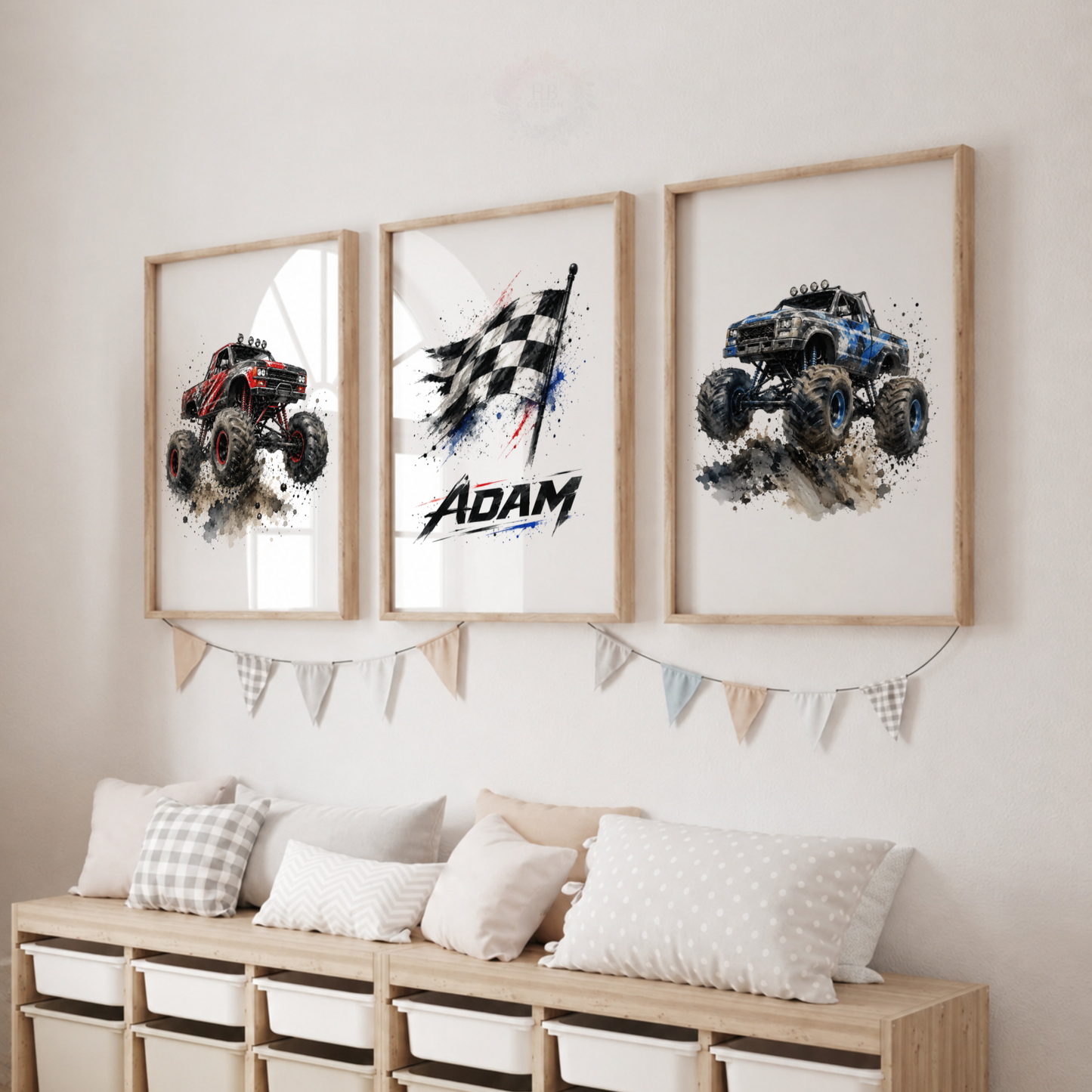 Personalised Monster Truck Wall Art Set – Racing Flag & Off-Road Truck Prints