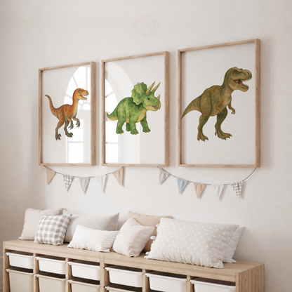 Watercolour Dinosaur Prints Set – Raptor Triceratops & T-Rex Nursery Wall Art