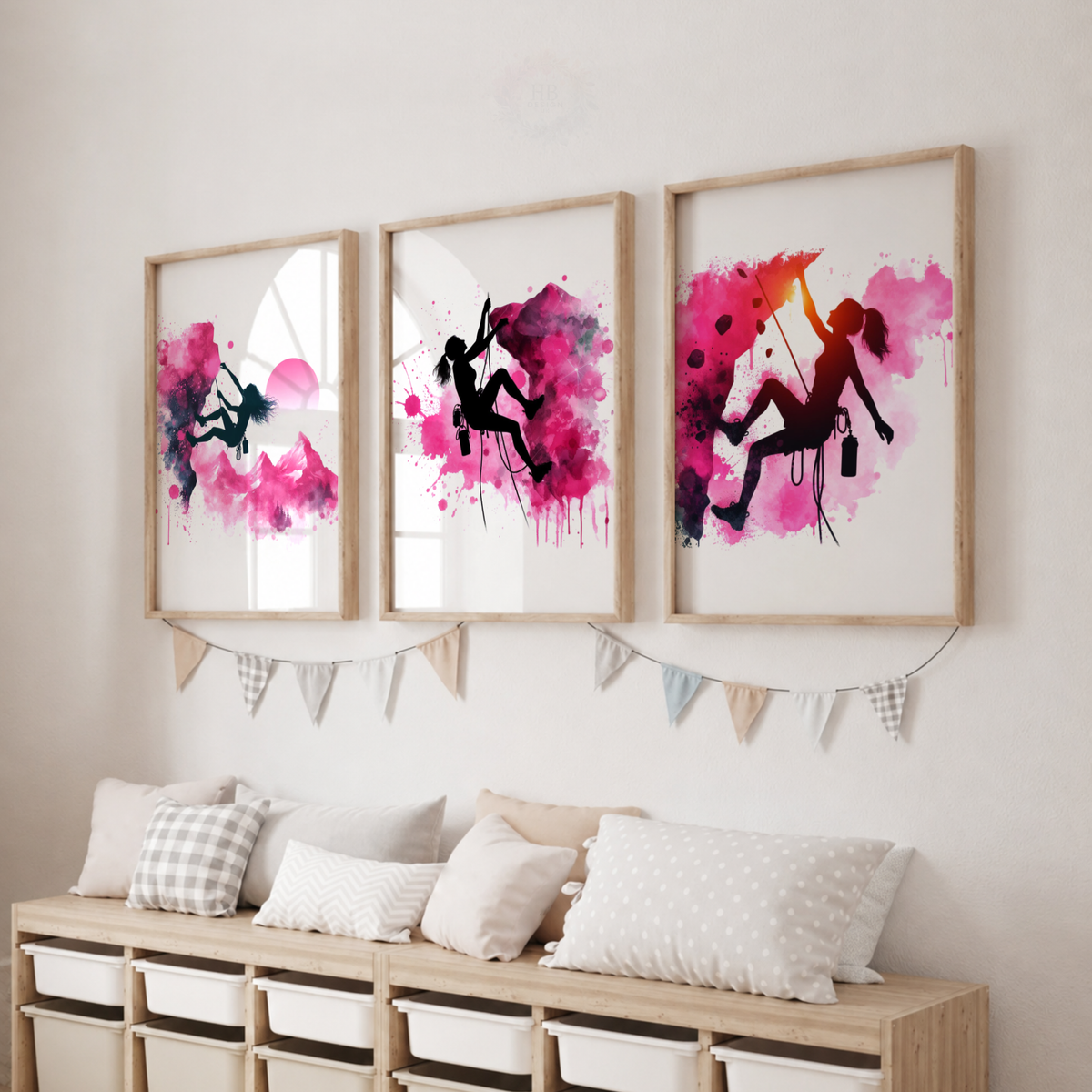 Girls Rock Climbing Wall Art Set – Pink Watercolour Climber Prints for Bedroom