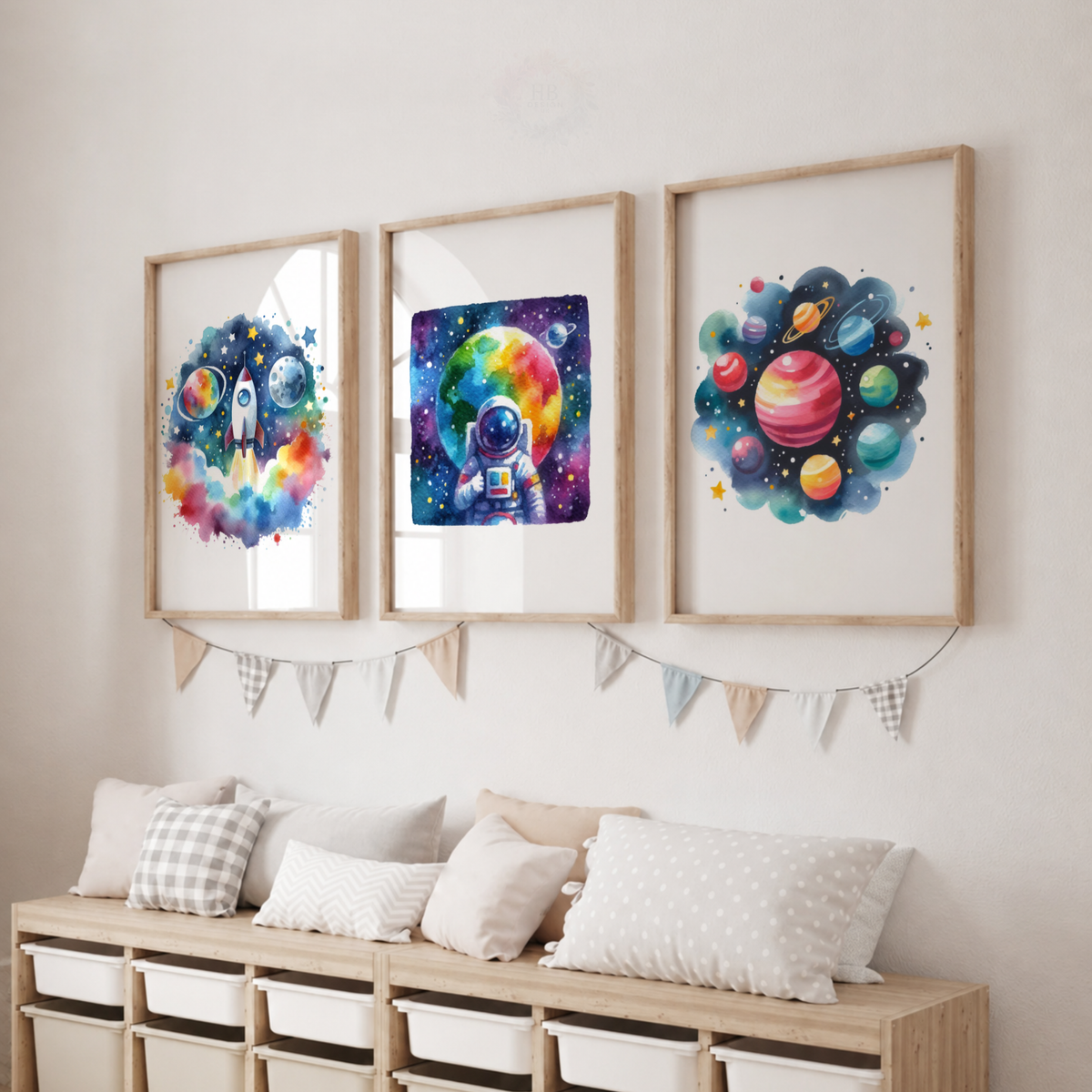 Colorful Watercolor Space Nursery Prints Set – Rocket Astronaut & Planets Wall Art