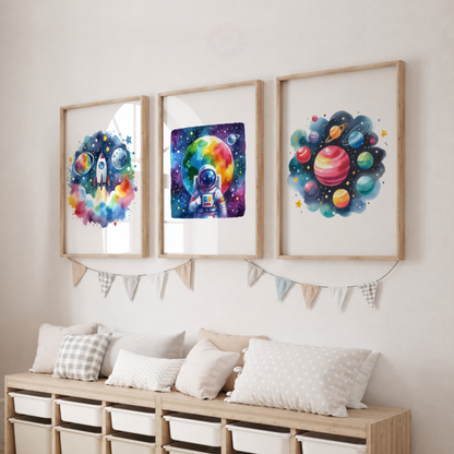 Colorful Watercolor Space Nursery Prints Set – Rocket Astronaut & Planets Wall Art