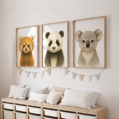 Cute Woodland & Wild Animals Wall Art Set – Red Panda, Panda & Koala Nursery Prints