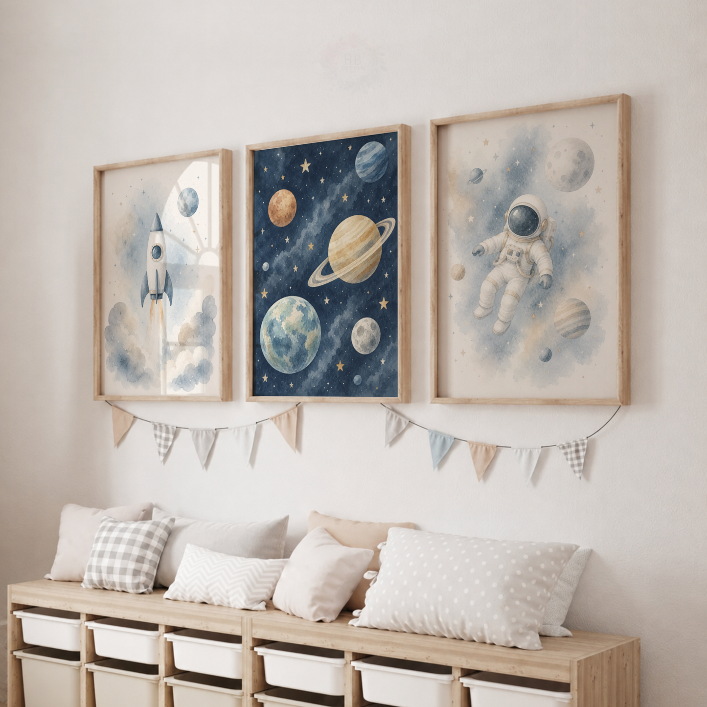 Blue Space Adventure Prints – Set of 3 Watercolour Rocket, Planets & Astronaut Nursery Wall Art