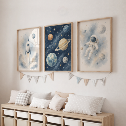Blue Space Adventure Prints – Set of 3 Watercolour Rocket, Planets & Astronaut Nursery Wall Art
