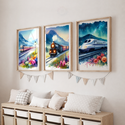 Colorful Train Wall Art Set – Railway Watercolor Prints