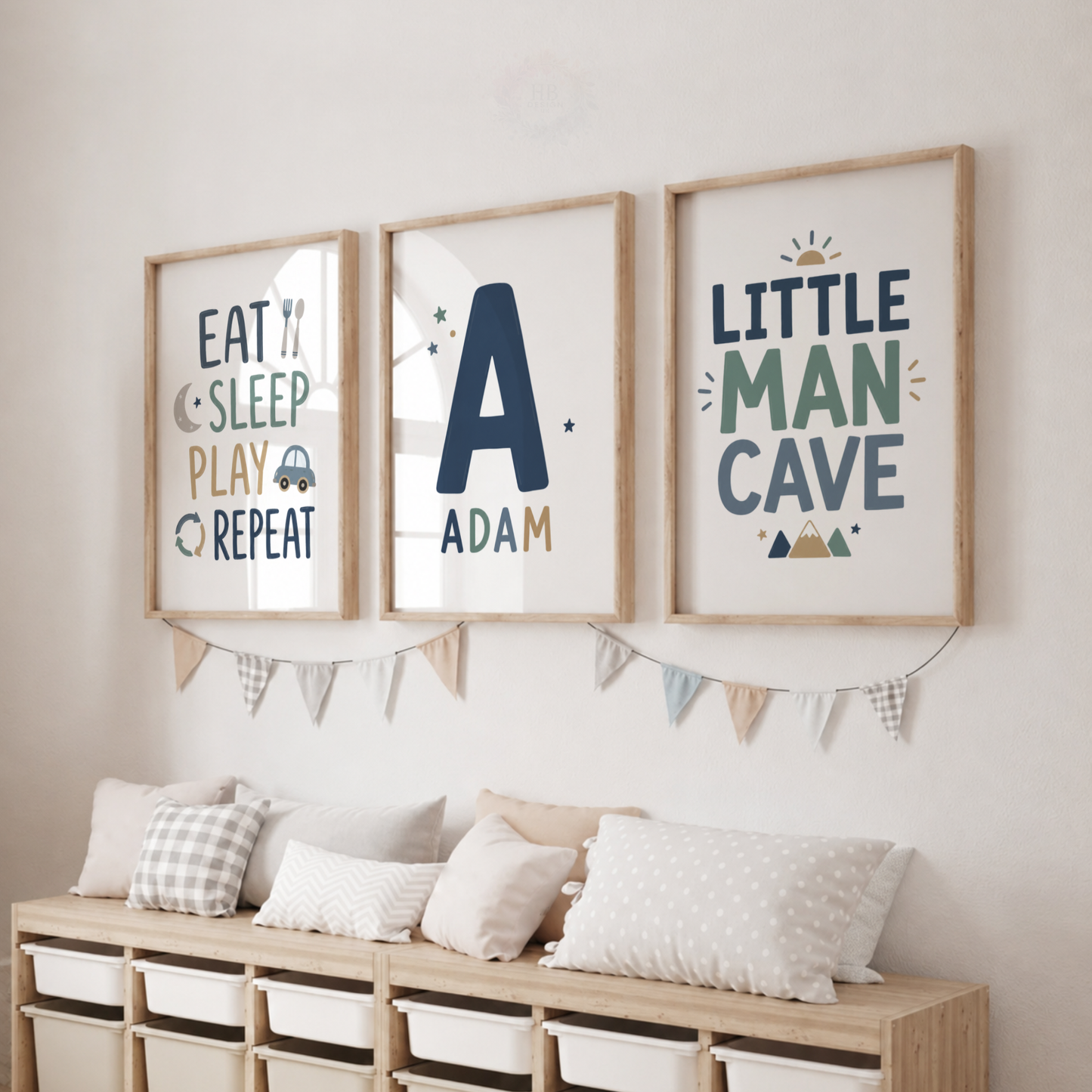 Personalised Boys Nursery Prints – Name Initial & Little Man Cave Wall Art Set