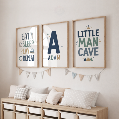 Personalised Boys Nursery Prints – Name Initial & Little Man Cave Wall Art Set