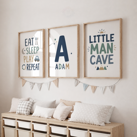 Personalised Boys Nursery Prints – Name Initial & Little Man Cave Wall Art Set