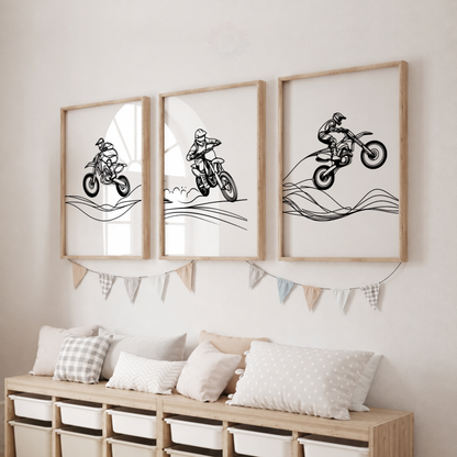 Motocross Wall Art Set – Black & White Dirt Bike Prints for Boys’ Bedroom
