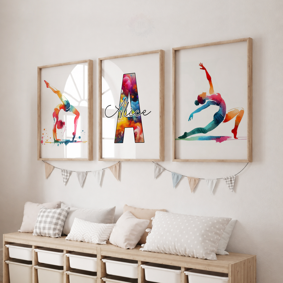 Personalised Gymnastics Wall Art Set – Rainbow Watercolour Gymnast Prints