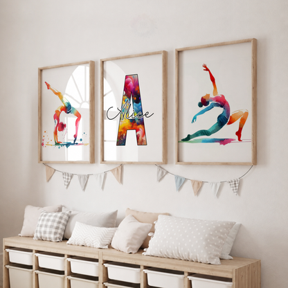 Personalised Gymnastics Wall Art Set – Rainbow Watercolour Gymnast Prints