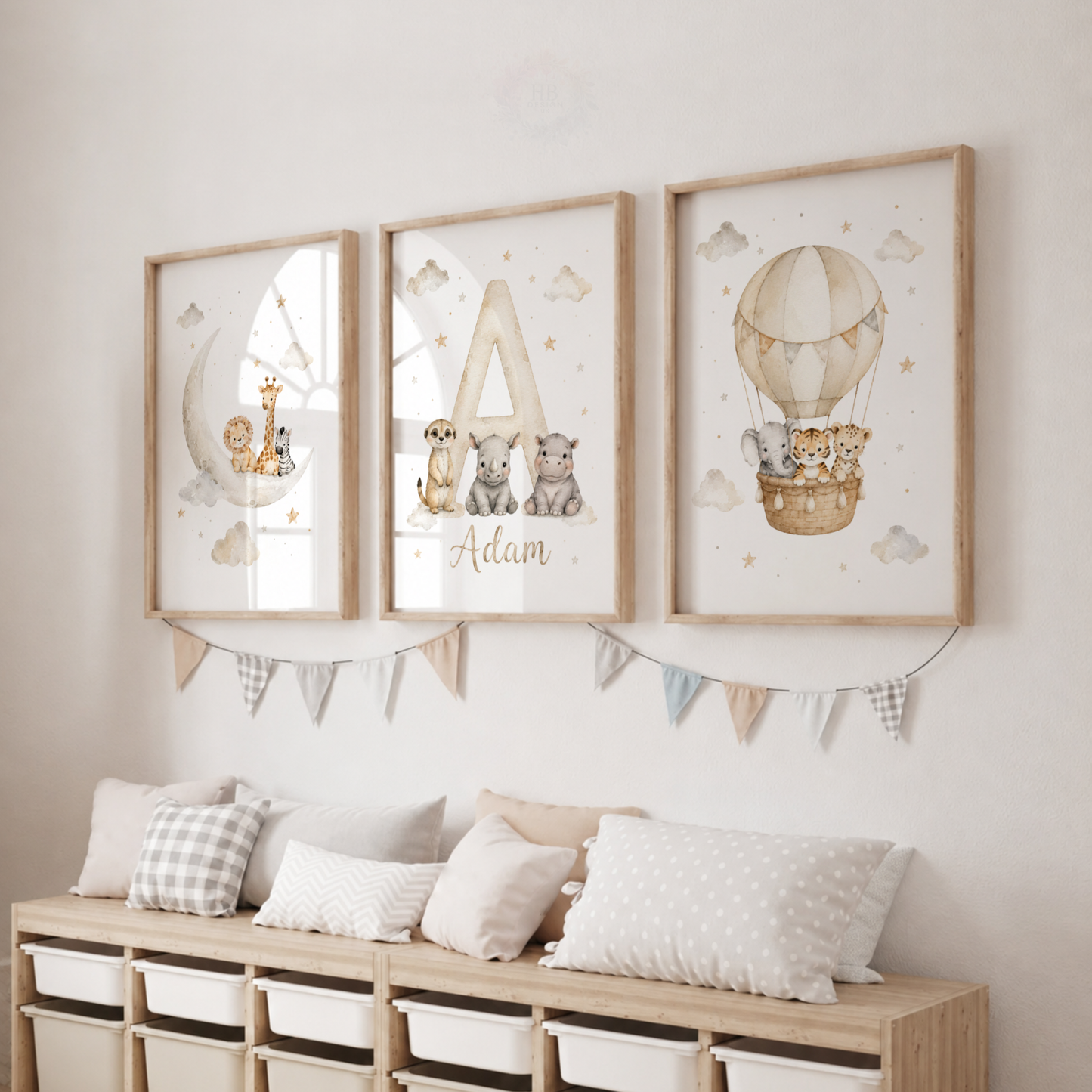 Dreamy Safari – Personalised Set of 3 Neutral Animal Nursery Prints
