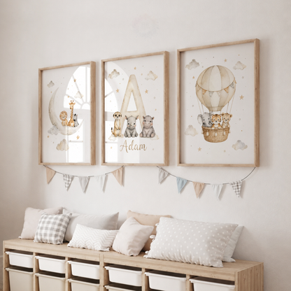 Dreamy Safari – Personalised Set of 3 Neutral Animal Nursery Prints