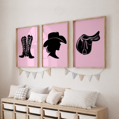 Pink Cowgirl Wall Art Set – Western Boots, Cowgirl & Saddle Prints