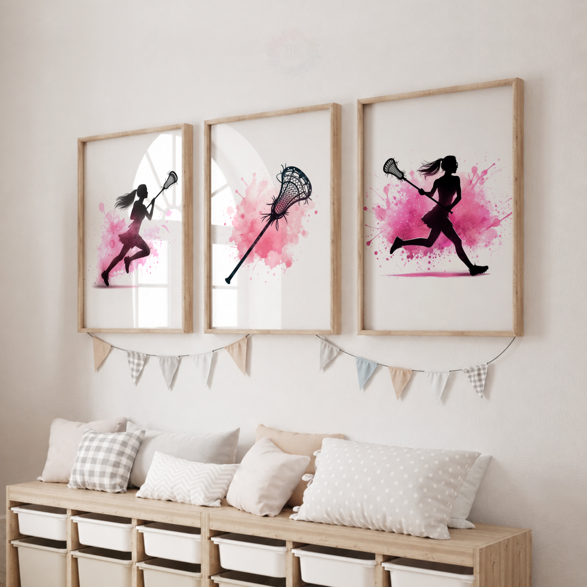 Girls Lacrosse Wall Art Set – Pink Watercolour Female Lacrosse Player Prints
