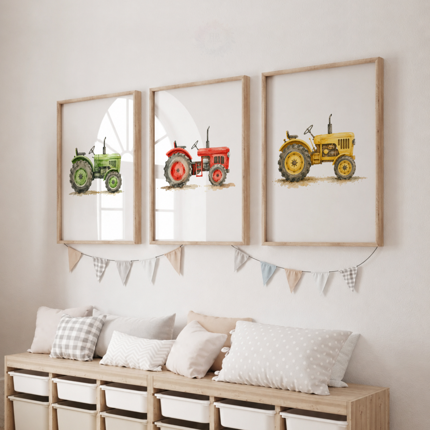 Vintage Tractor Wall Art Set – Green Red & Yellow Farm Nursery Prints