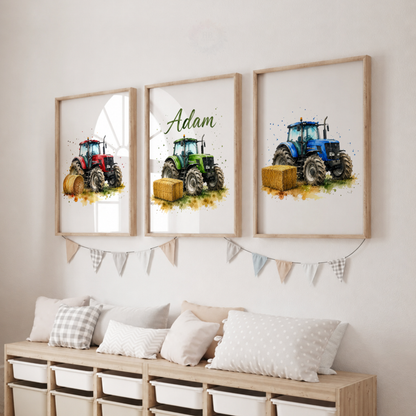 Tractor Trio – Personalised Set of 3 Watercolour Tractor Nursery Prints