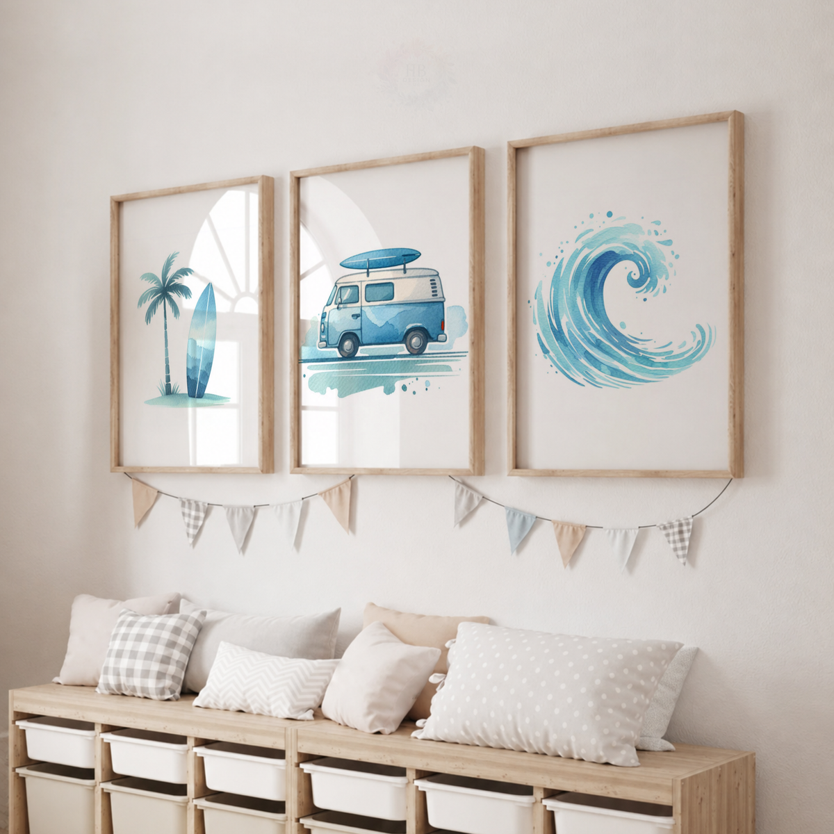 Surfing Watercolor Wall Art Set – Surf Van, Surfboard & Ocean Wave Nursery Prints