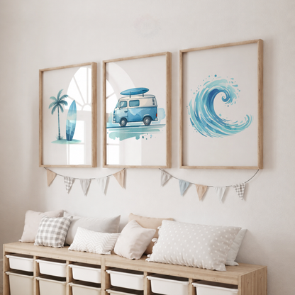 Surfing Watercolor Wall Art Set – Surf Van, Surfboard & Ocean Wave Nursery Prints