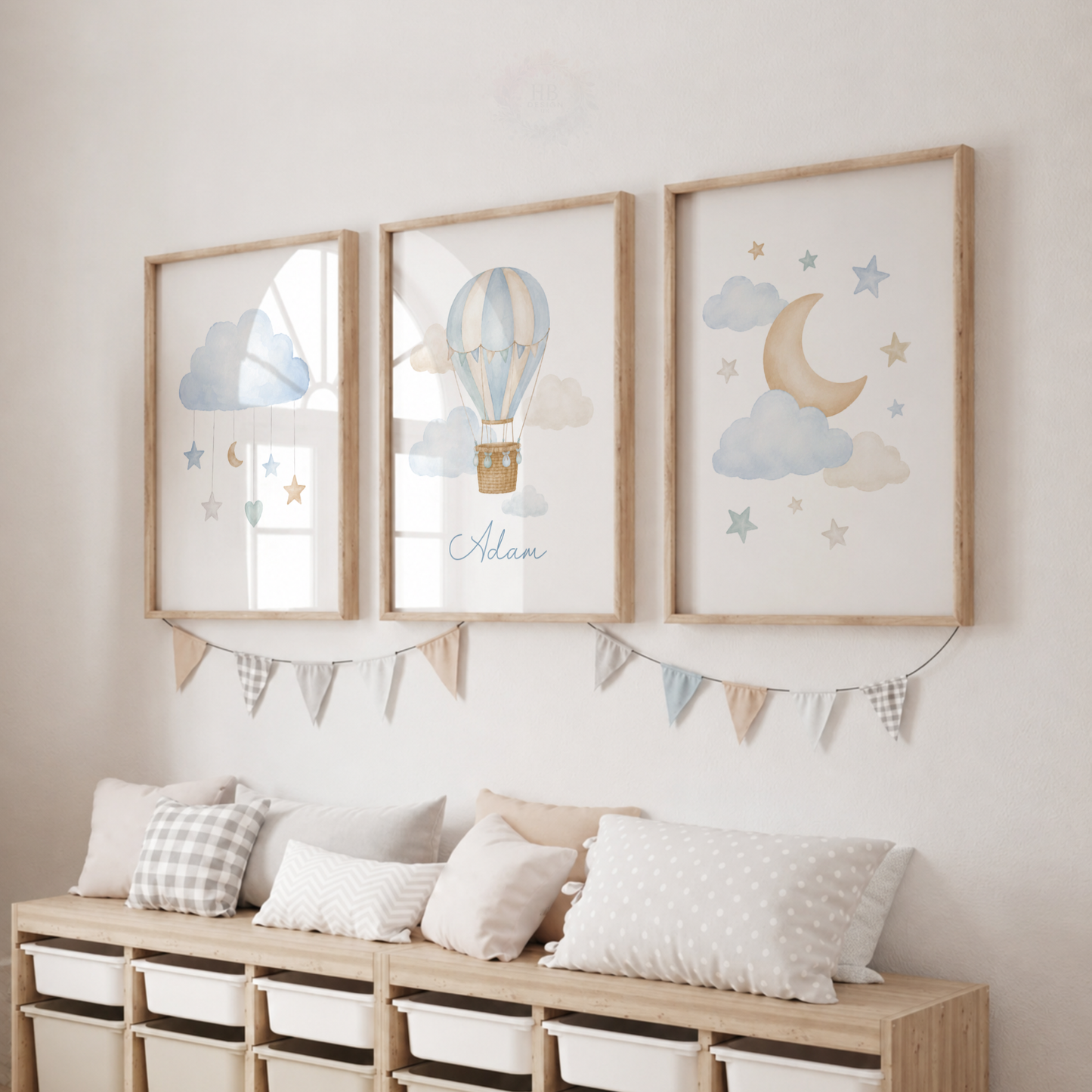 Personalised Hot Air Balloon Nursery Wall Art Print Set – Blue Moon & Stars