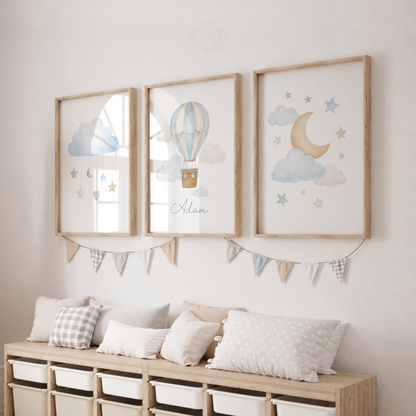 Personalised Hot Air Balloon Nursery Wall Art Print Set – Blue Moon & Stars