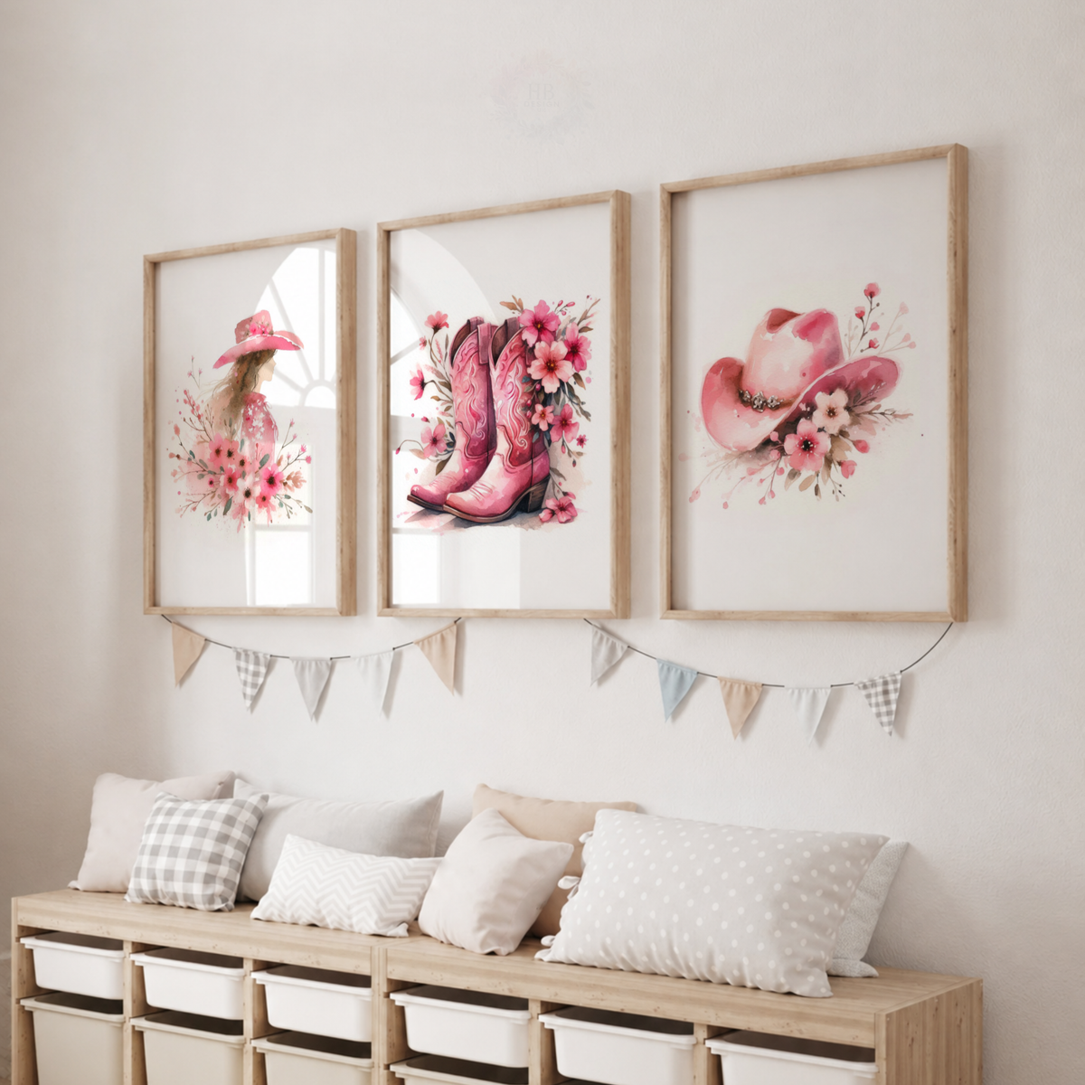 Pink Cowgirl Wall Art Set – Floral Western Boots & Cowboy Hat Prints