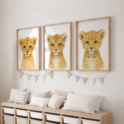 Baby Big Cats Wall Art Set – Lion, Tiger & Leopard Watercolor Nursery Prints