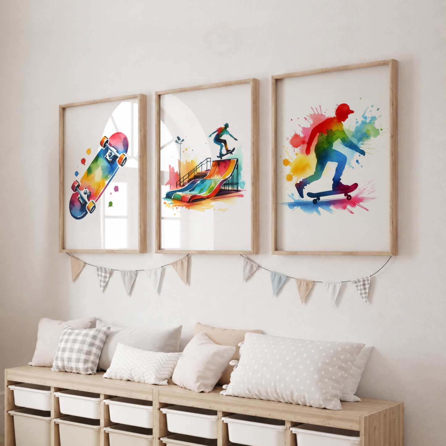 Skateboarding Watercolor Wall Art Set – Colourful Skateboard & Skater Sports Prints
