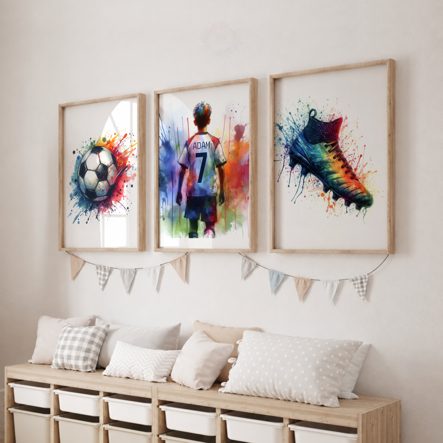 Personalised Colorful Football Wall Art Set – Custom Name & Number Football Watercolor Prints