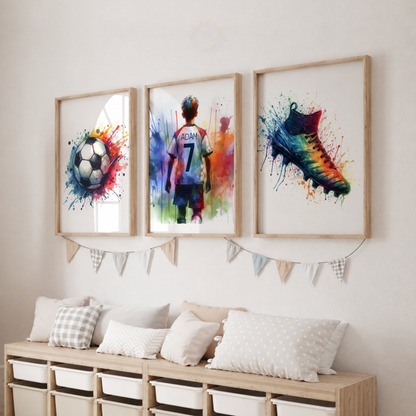 Personalised Colorful Football Wall Art Set – Custom Name & Number Football Watercolor Prints