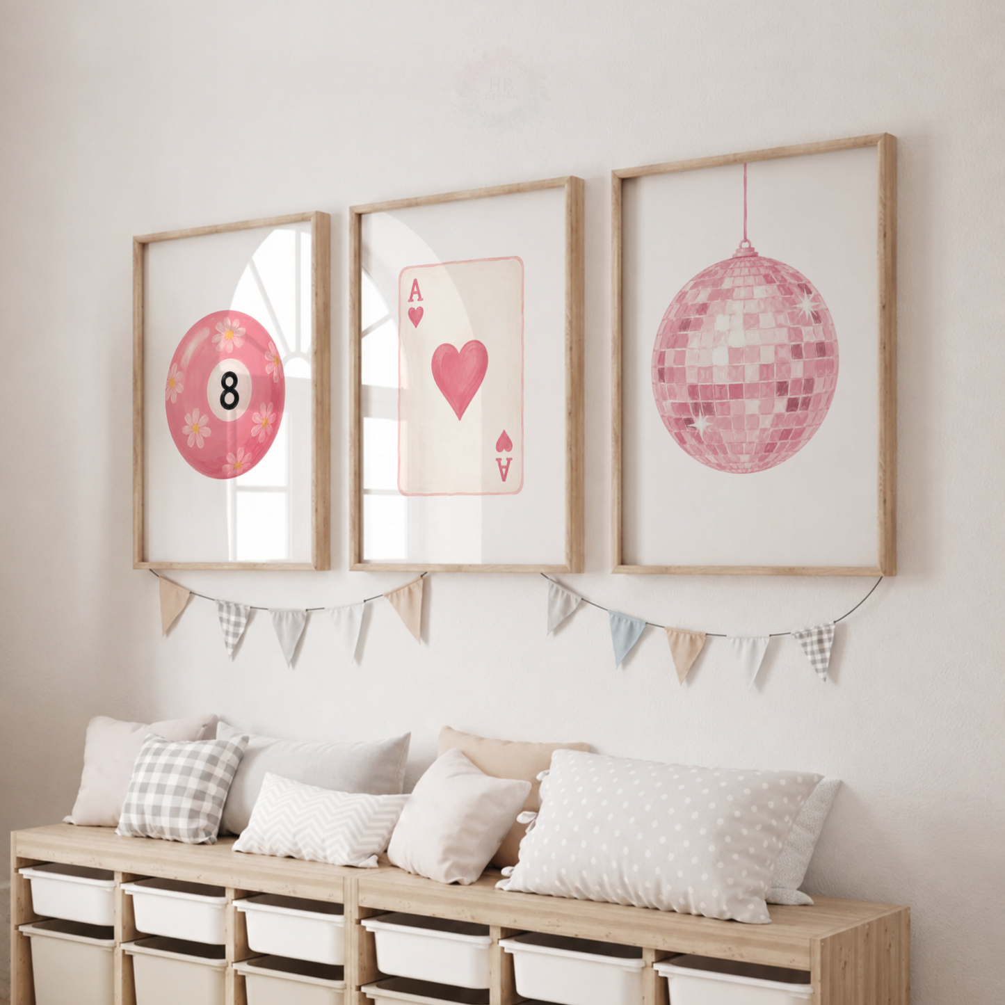 Pink Retro Wall Art Print Set – 8 Ball, Playing Card & Disco Ball