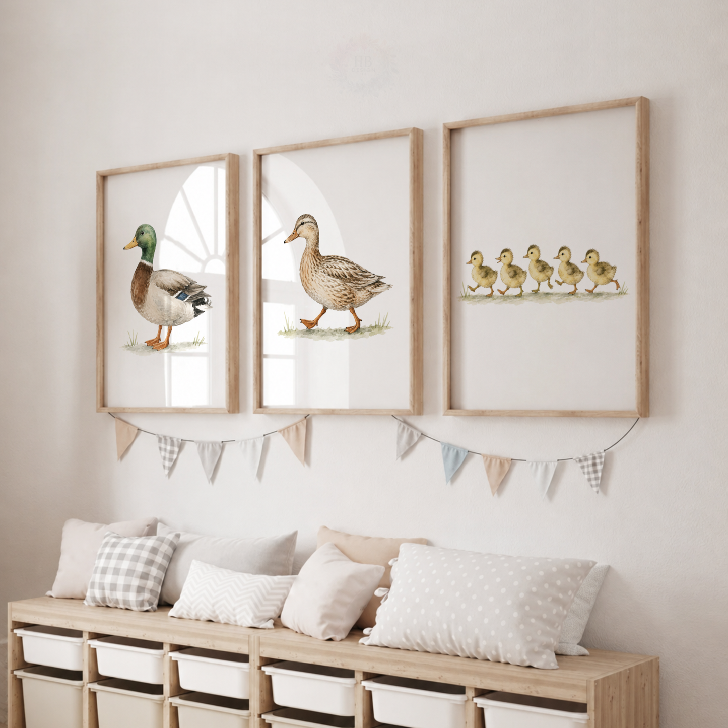 Duck Family Nursery Prints – Mallard, Duck & Ducklings Farm Animal Wall Art Set