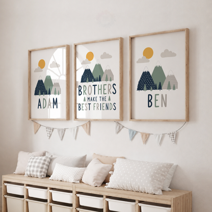 Mountain Brothers – Personalised Set of 3 Brothers Nursery Prints