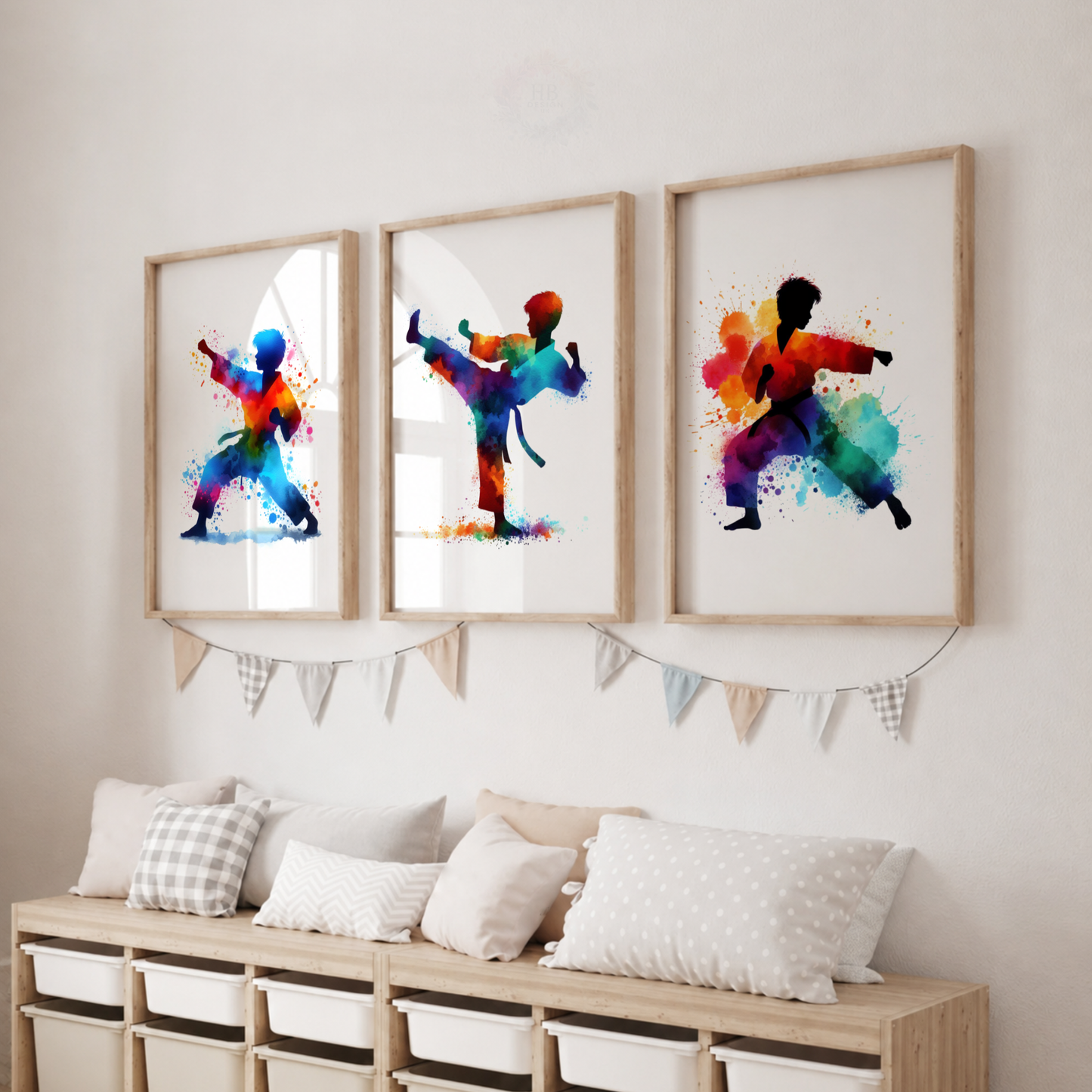 Colourful Karate Wall Art Set – Martial Arts Watercolour Prints for Boys’ Bedroom