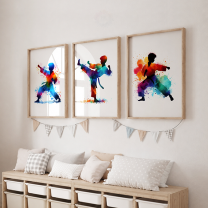 Colourful Karate Wall Art Set – Martial Arts Watercolour Prints for Boys’ Bedroom