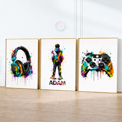 Personalised Colourful Gamer Wall Art Set – Gaming Headphones, Gamer & Controller Prints