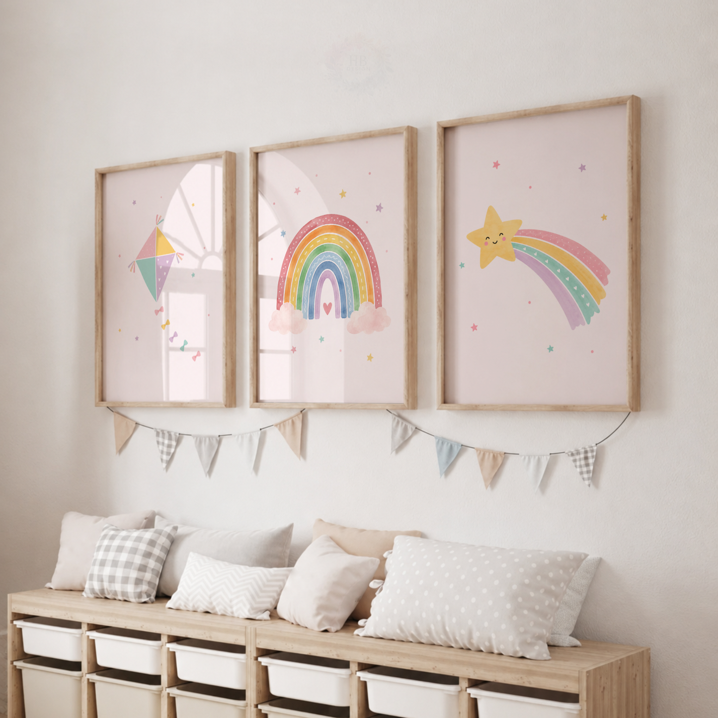 Rainbow & Shooting Star Nursery Prints – Set of 3 Colourful Girls’ Wall Art