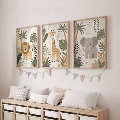 Safari Animal Nursery Prints – Set of 3 Lion, Giraffe & Elephant Jungle Wall Art