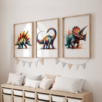 Colourful Watercolour Dinosaur Prints Set – Stegosaurus Brontosaurus & Triceratops Wall Art