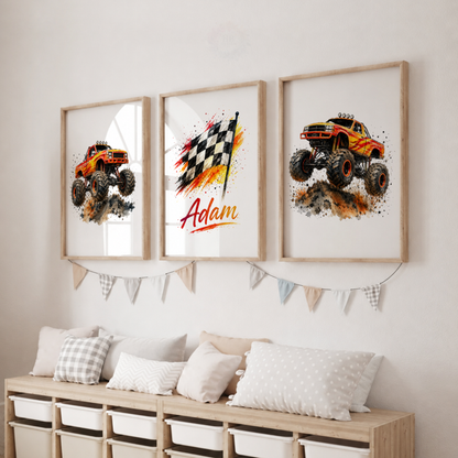 Personalised Orange Monster Truck Wall Art Set – Racing Flag & Off-Road Truck Prints