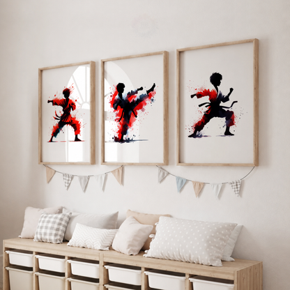Karate Watercolor Wall Art Set – Red & Black Martial Arts Sports Prints