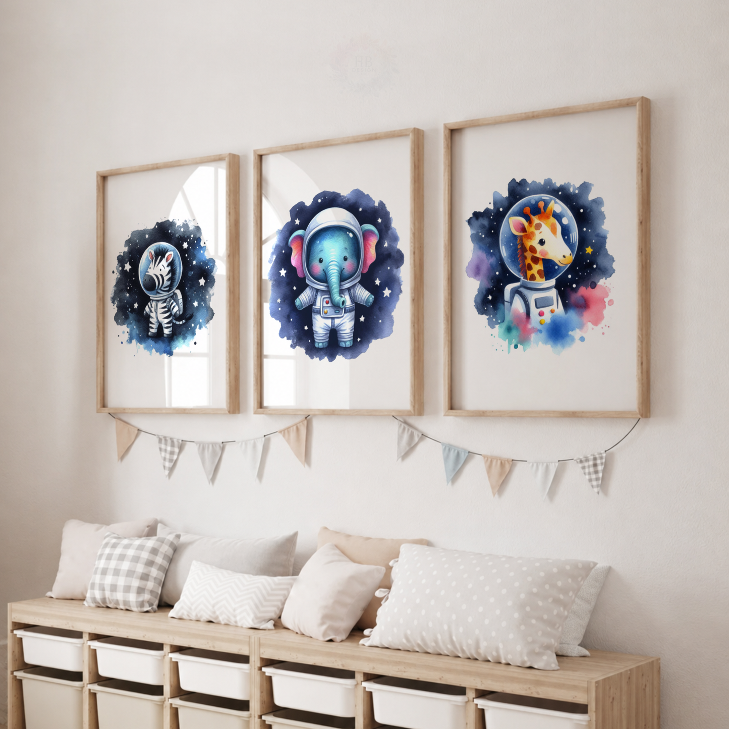 Watercolor Safari Animal Astronaut Nursery Prints Set – Zebra Elephant & Giraffe Space Wall Art