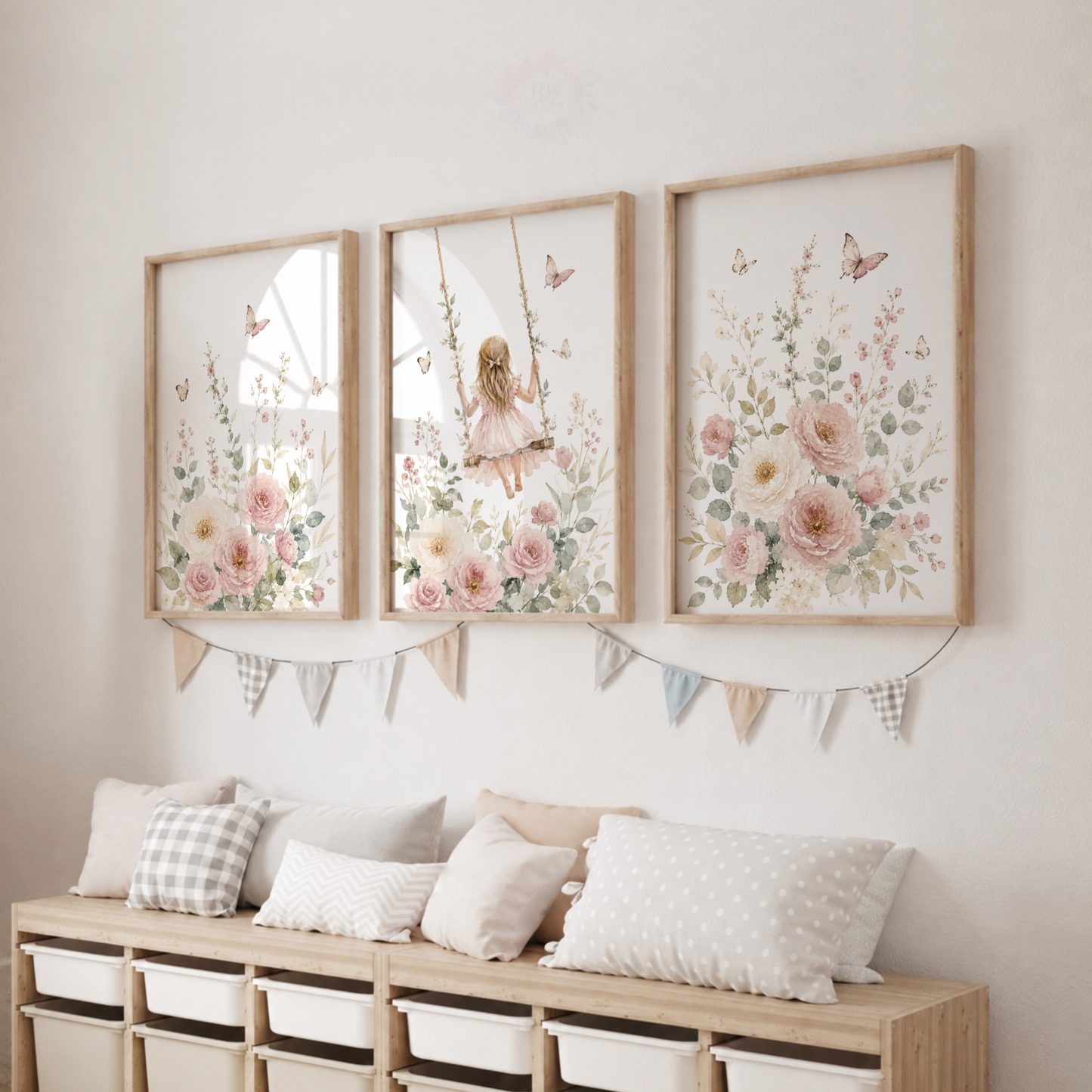 Floral Girl Nursery Prints – Set of 3 Pink Flowers, Butterflies & Swing Wall Art