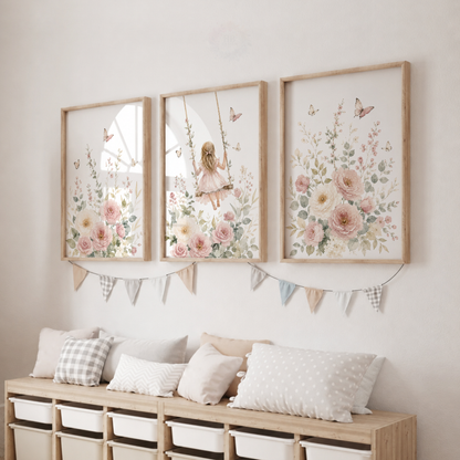 Floral Girl Nursery Prints – Set of 3 Pink Flowers, Butterflies & Swing Wall Art