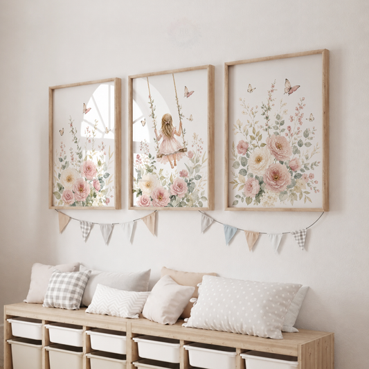 Floral Girl Nursery Prints – Set of 3 Pink Flowers, Butterflies & Swing Wall Art