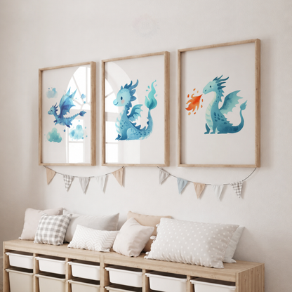 Blue Watercolour Dragon Wall Art Set – Cute Fantasy Nursery Prints