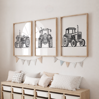 Tractor Nursery Prints Set – Black & White Farm Vehicle Wall Art