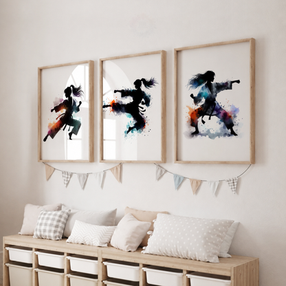 Girls Karate Wall Art Set – Watercolour Martial Arts Prints for Bedroom